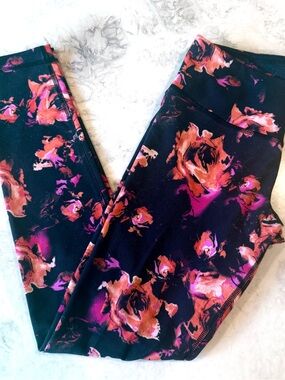 90 Degree by Reflex Floral Black High-Waisted Leggings with Pink & Coral Roses